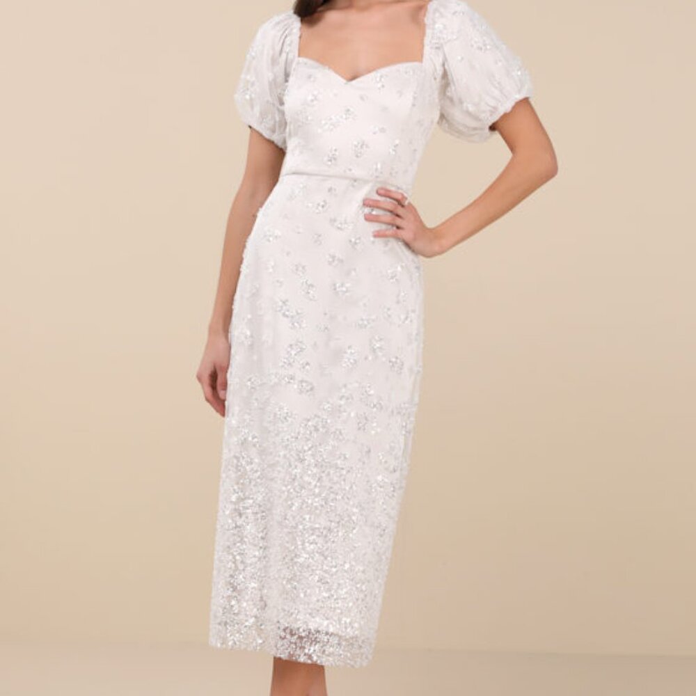 Lulus Glorious Poise Ivory Sequin Pearl Puff Sleeve Midi Dress White - Size S